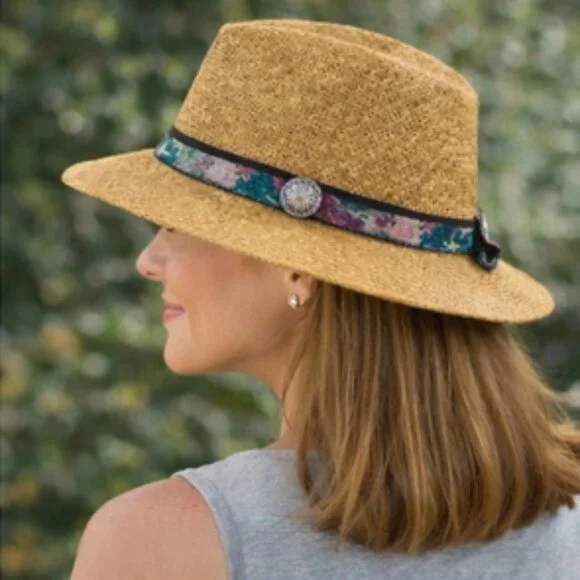 Fiesta Santa Barbara Straw Fedora Hat — Made in USA, Floral Band & Concho Flora - Mixed Ultrabraid Fedora with Floral Band – San Diego  main image 3